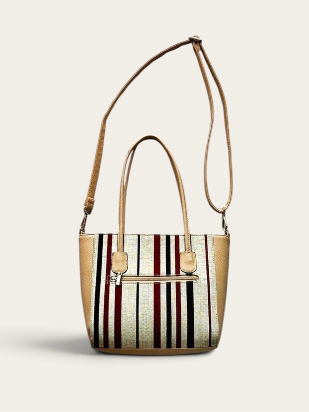 Fabric and Leather Stripped Cream, Red, Black, and Tan Medium Tote Bag